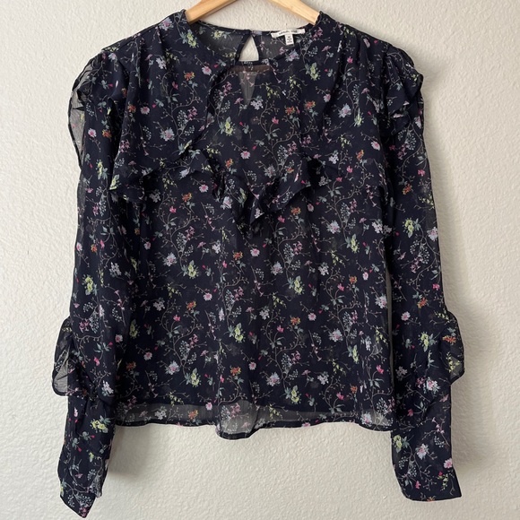 Bleuh Ciel Sheer Ruffled Floral Blouse Keyhole Back Women’s Medium Long Sleeve - Picture 1 of 7